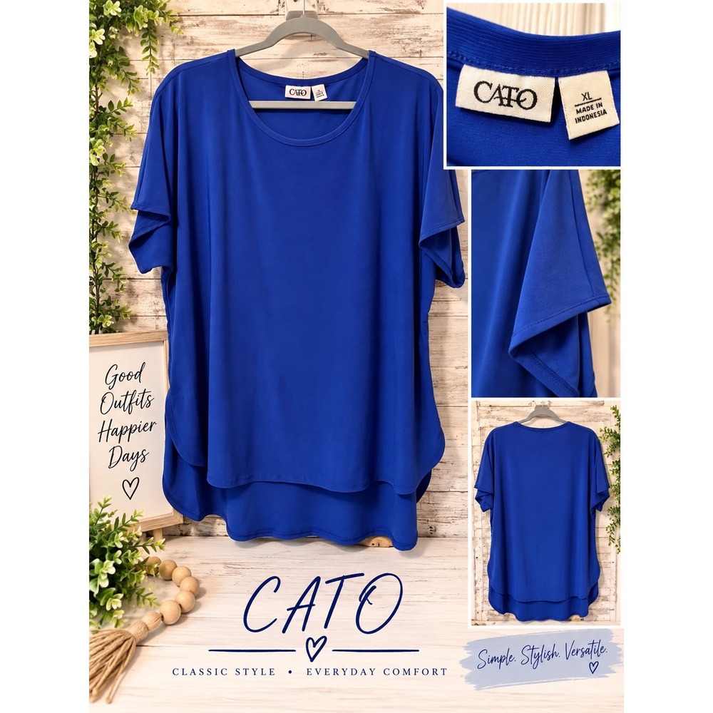 Cato Royal Blue Layered High Low Blouse XL Short Sleeve Scoop Neck Knit Top